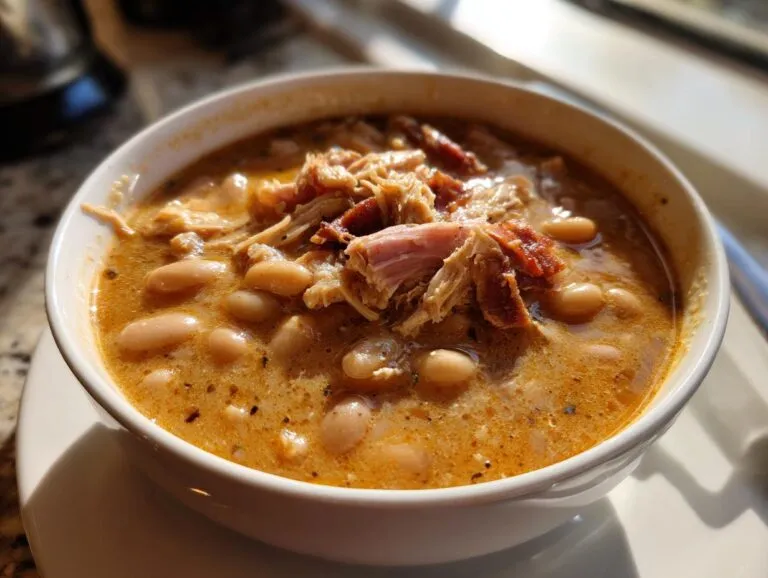 Close-up of a creamy bowl of Ham and bean soup topped with shredded ham, featuring white navy beans.
