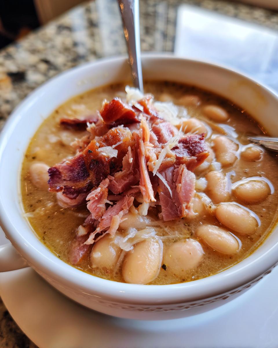 Close-up of a white bowl filled with creamy Ham and bean soup, topped with shredded ham and cheese.