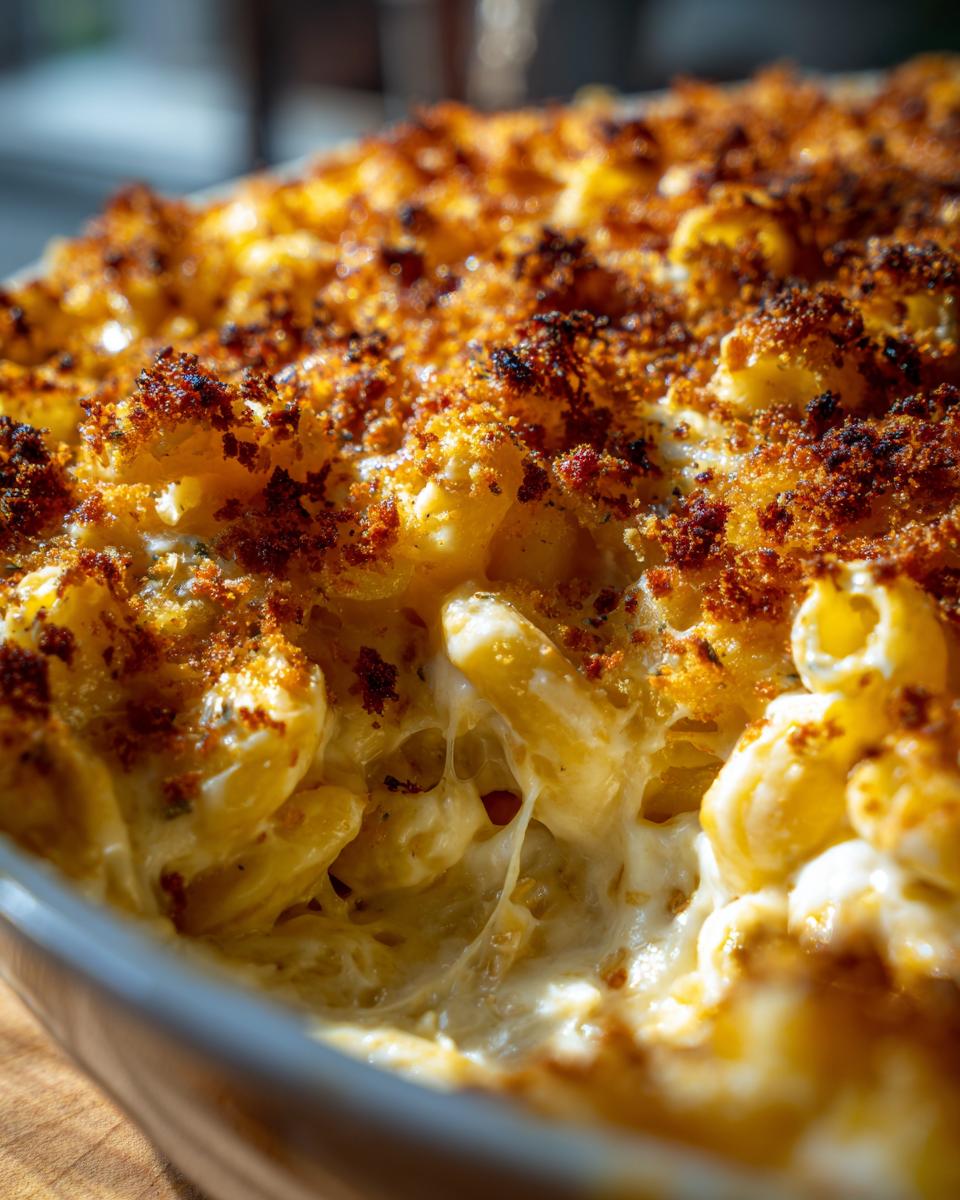 Close-up of a baked dish of creamy mac and cheese with a golden-brown, crispy breadcrumb topping.