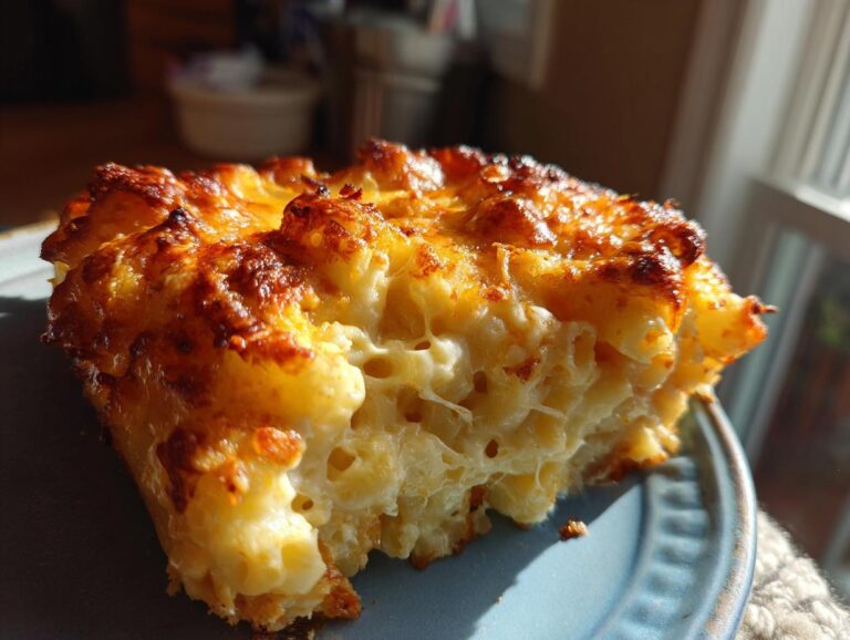 A golden-brown baked slice of creamy mac and cheese with visible pasta tubes and melted cheese.