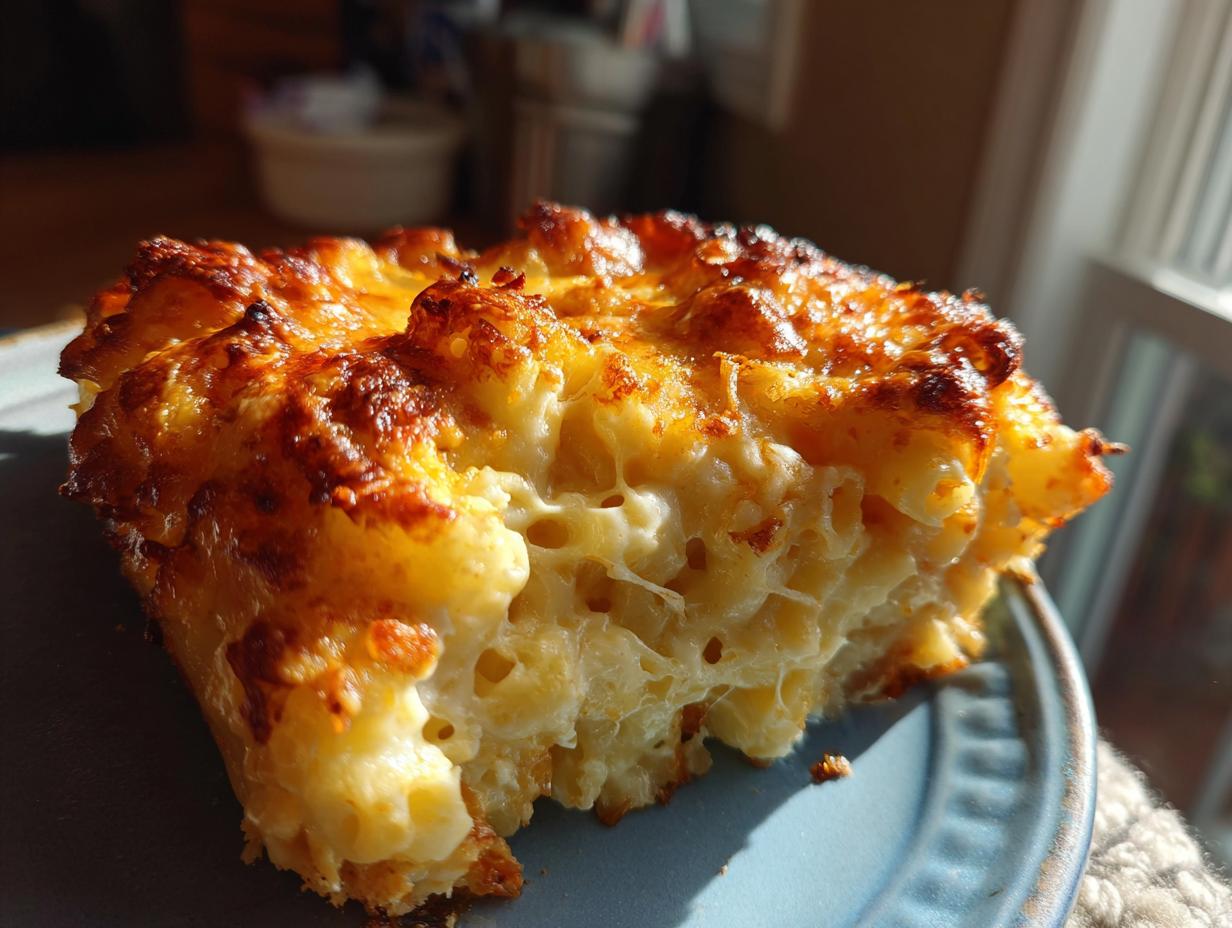 A golden-brown baked slice of creamy mac and cheese with visible pasta tubes and melted cheese.