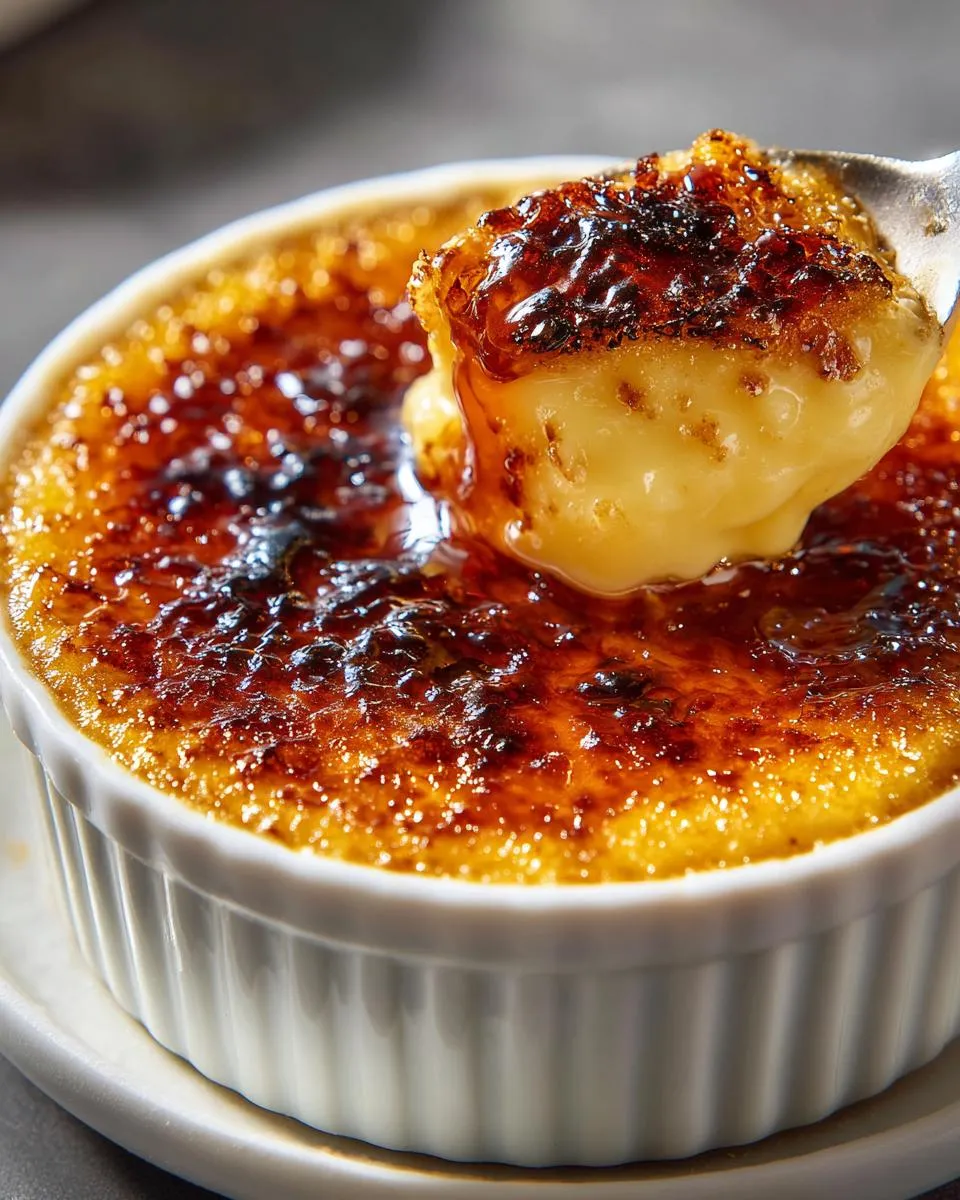 A spoonful of creamy creme brulee with a perfectly caramelized sugar crust.