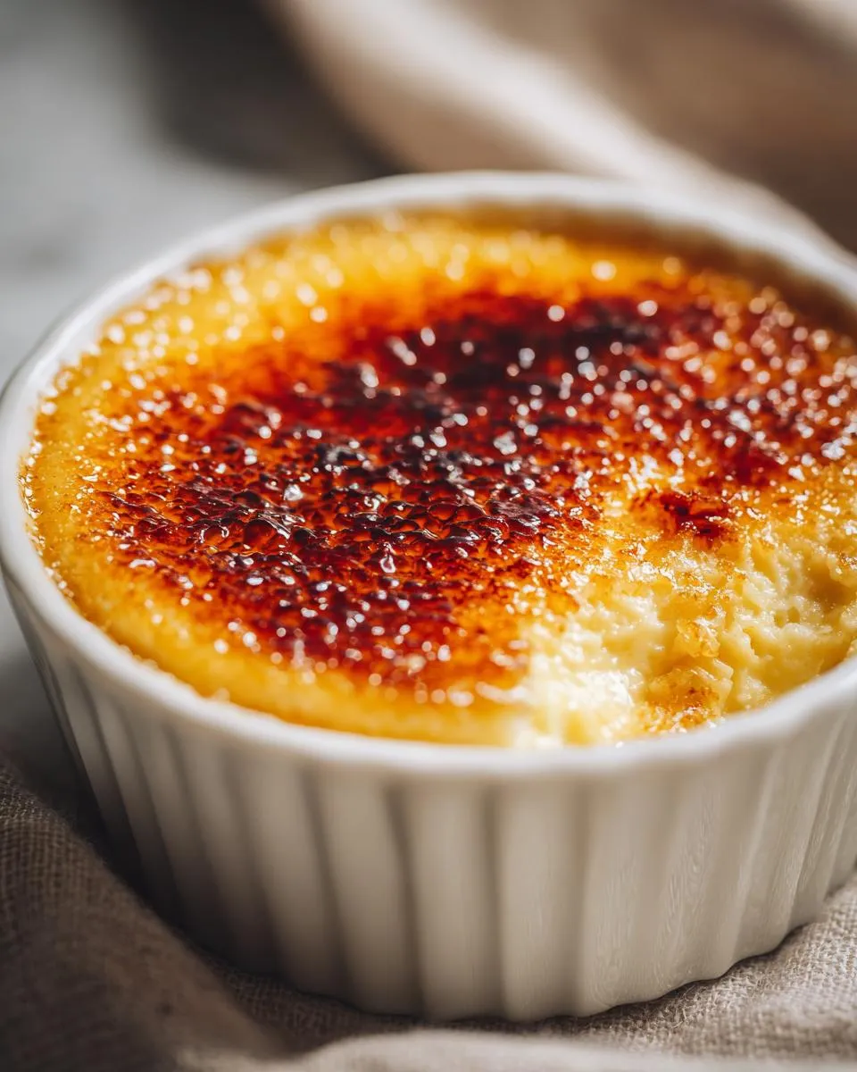 Close-up of a classic Creme Brulee dessert in a white ramekin, featuring a beautifully caramelized sugar crust.