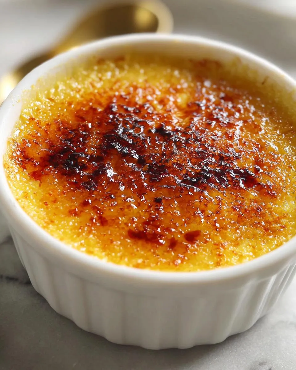 Close-up of a classic creme brulee in a white ramekin, featuring a perfectly caramelized sugar crust.