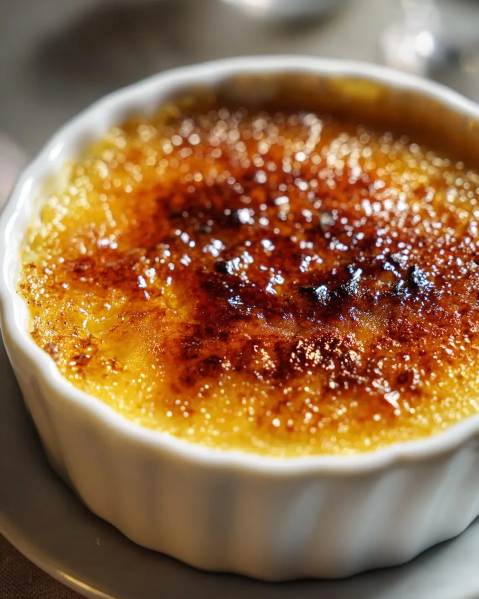Close-up of a classic creme brulee with a perfectly caramelized sugar crust.