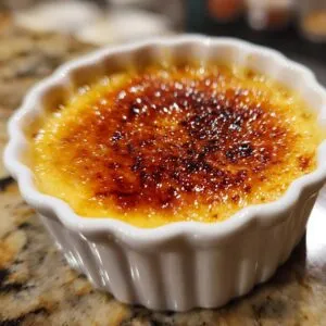 Close-up of a creamy creme brulee with a perfectly caramelized sugar crust.