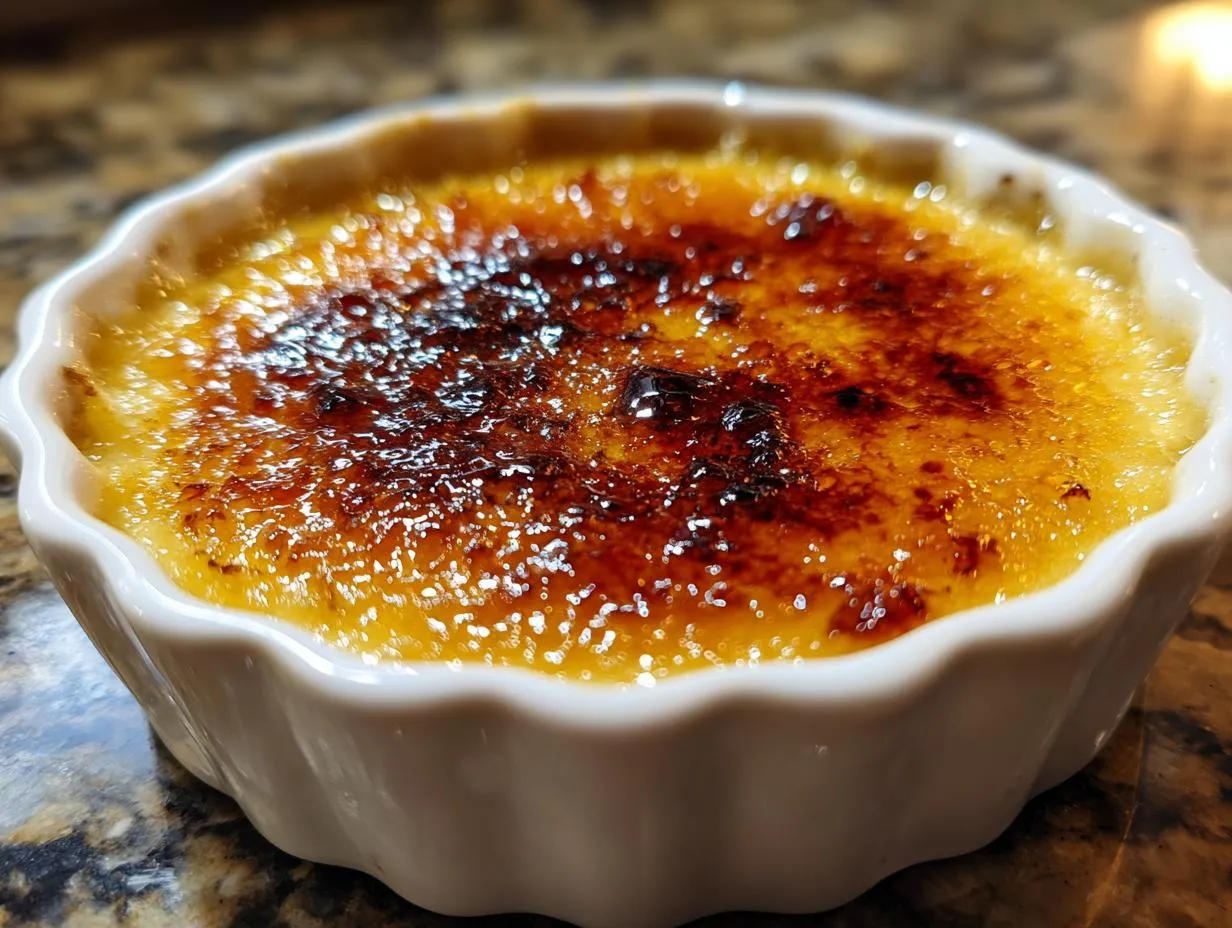 Close-up of a classic creme brulee in a white ramekin, featuring a perfectly caramelized sugar crust.
