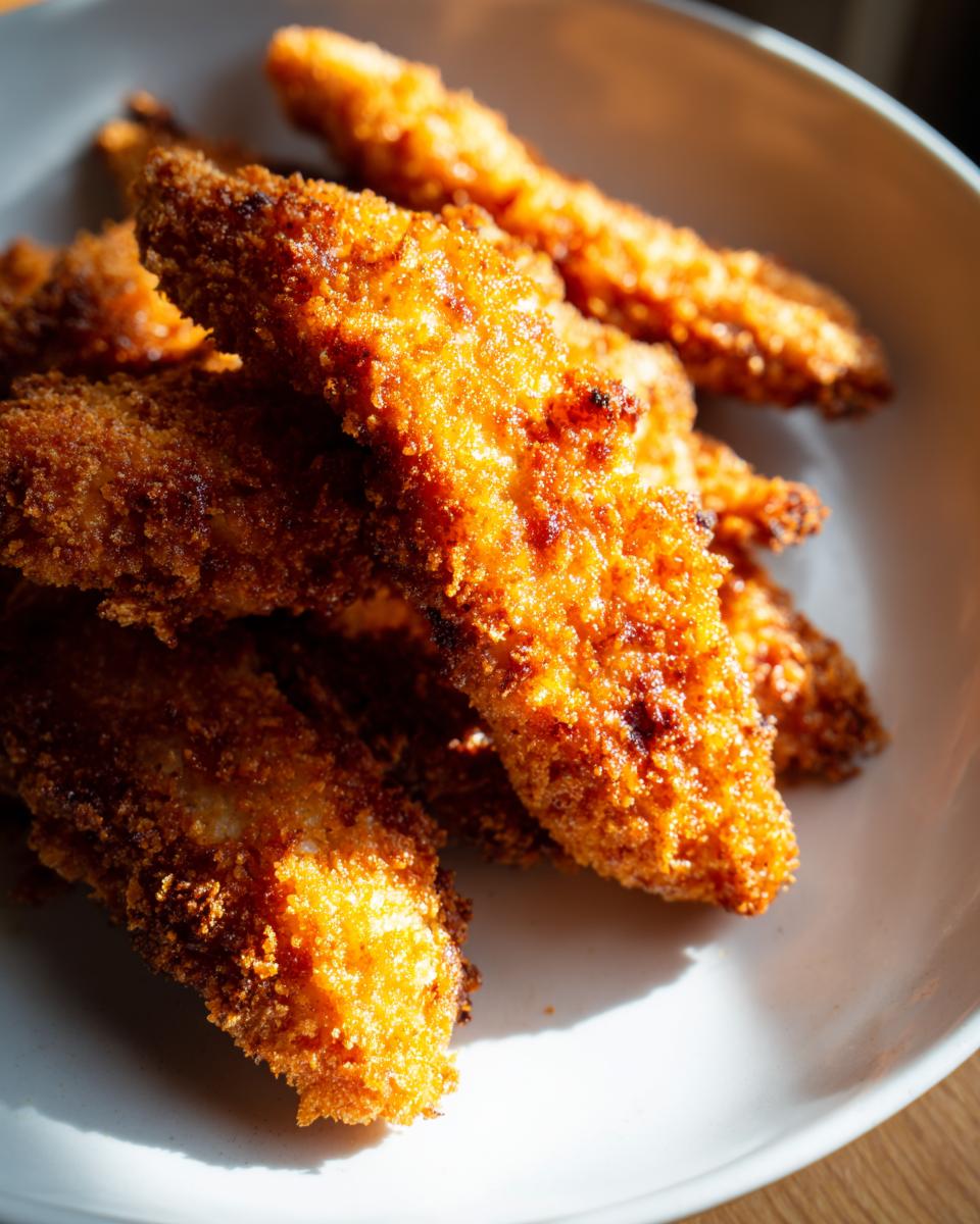 Close-up of a pile of golden-brown, crispy chicken tenders in a white bowl.