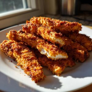 A pile of golden-brown, crispy chicken tenders on a white plate, with one tender cut in half to show the juicy interior.