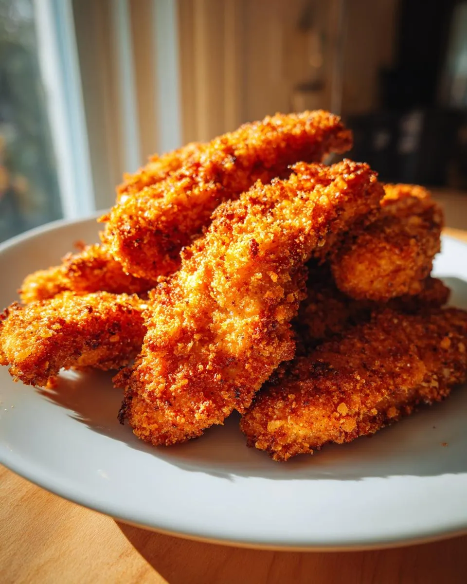 A close-up, sunlit shot of a pile of golden-brown, crispy chicken tenders on a white plate.