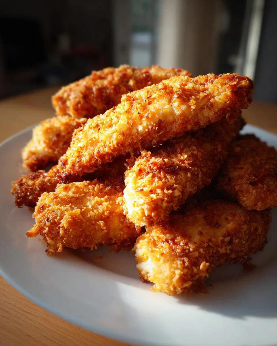 A pile of golden brown, crispy chicken tenders coated in breadcrumbs, served on a white plate.