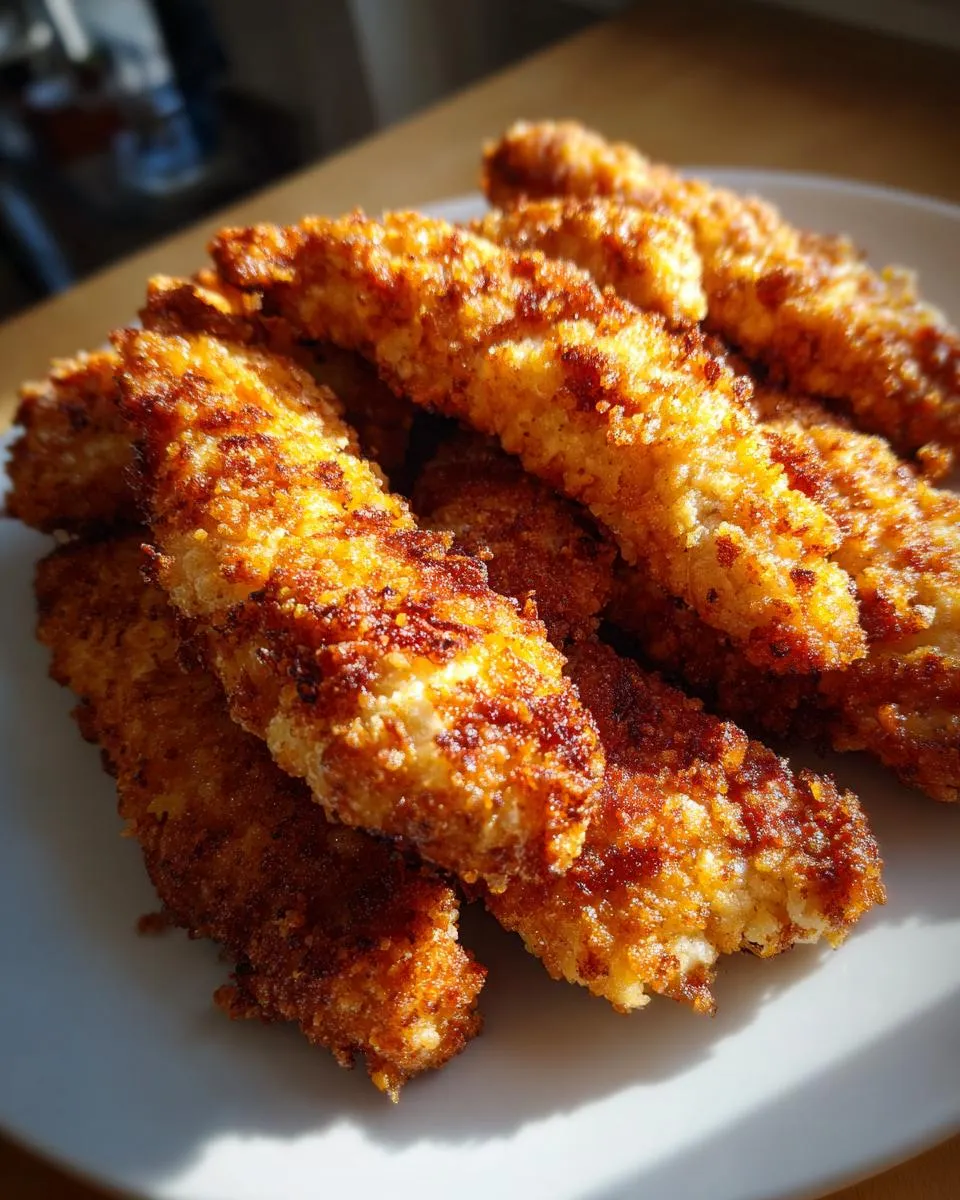 A pile of golden-brown, crispy chicken tenders on a white plate, ready to be enjoyed.