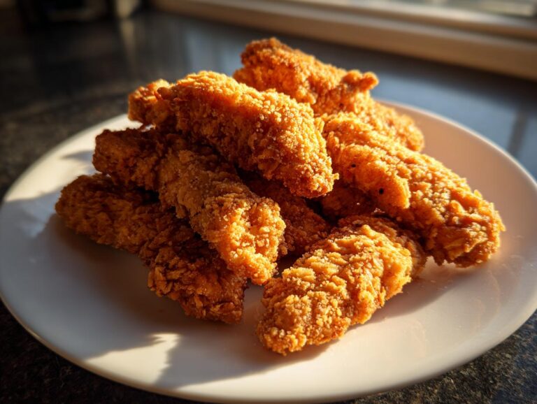 A pile of golden-brown, crispy chicken tenders arranged on a white plate, bathed in warm sunlight.