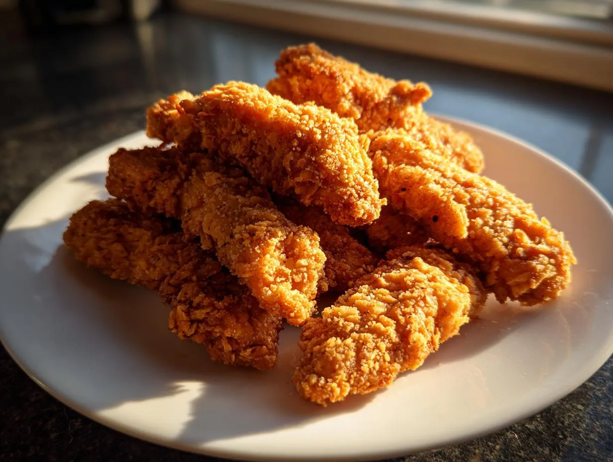 A pile of golden-brown, crispy chicken tenders arranged on a white plate, bathed in warm sunlight.