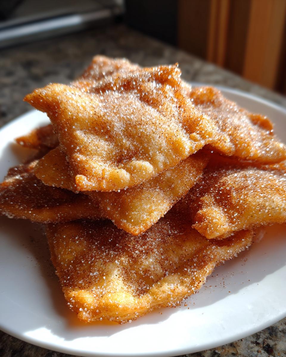A close-up of freshly fried, crispy Buñuelos dusted heavily with cinnamon sugar, stacked on a white plate.