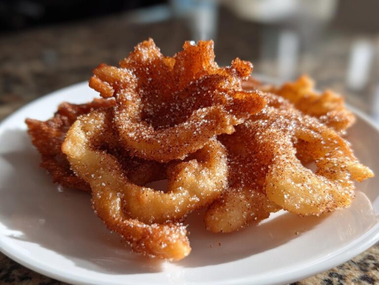 Close-up of freshly fried, crispy Buñuelos generously coated in cinnamon sugar, served on a white plate.