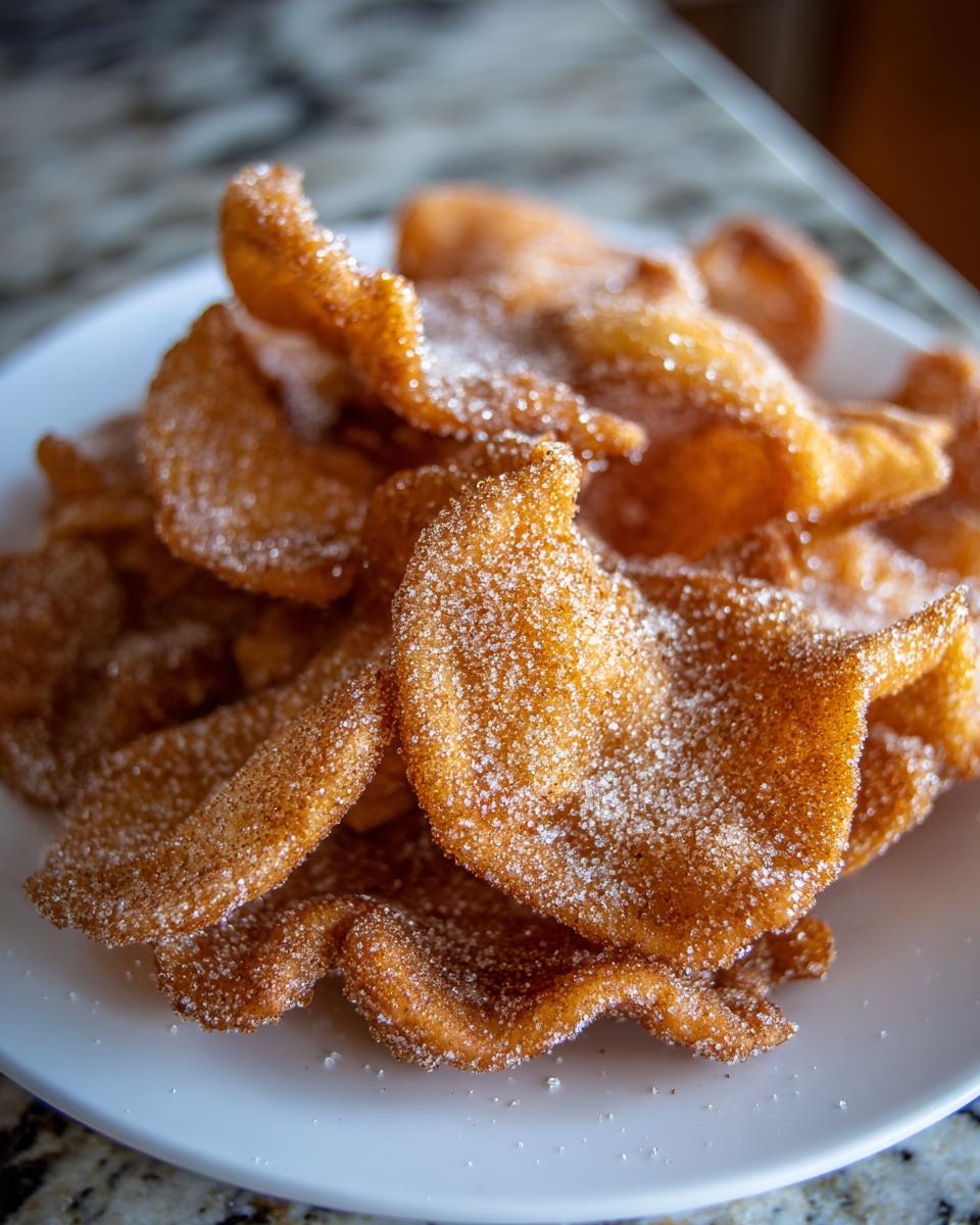 Close-up of a pile of crispy, fried Buñuelos generously coated in cinnamon sugar, served on a white plate.