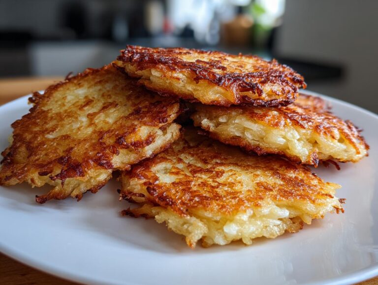 A stack of golden brown, crispy latkes on a white plate, showcasing their shredded potato texture.