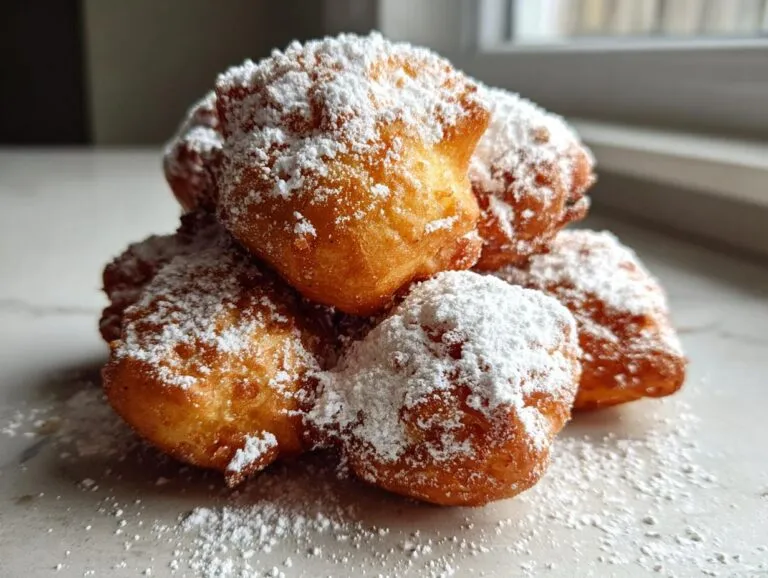A close-up stack of golden brown Oliebollen generously dusted with white powdered sugar.