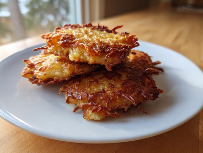 A stack of four golden-brown, crispy potato latkes served on a white plate near a window.