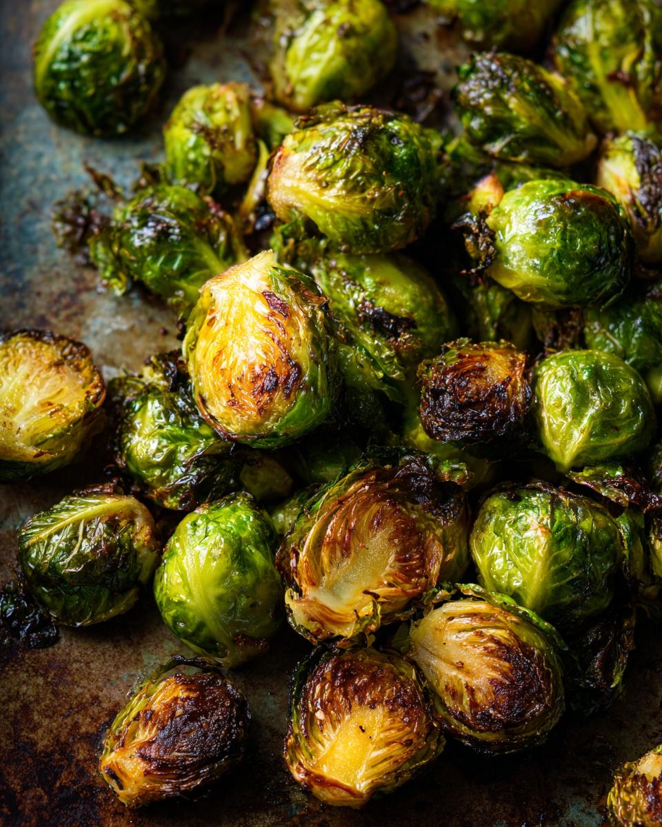 Close-up of perfectly roasted Brussels sprouts, some halved, showing crispy edges and vibrant green leaves.