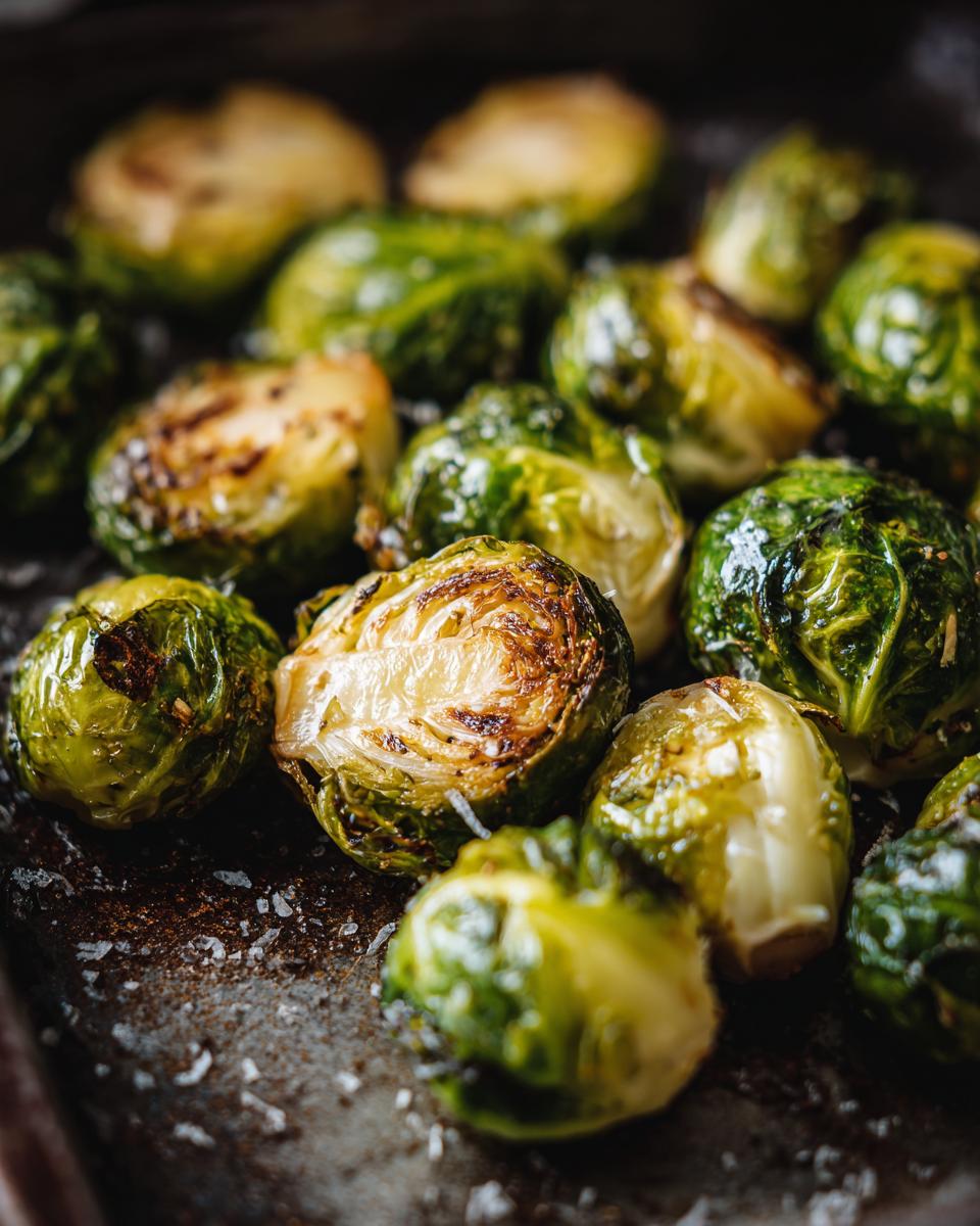 Close-up of perfectly roasted Brussels sprouts, showing their crispy edges and vibrant green color.
