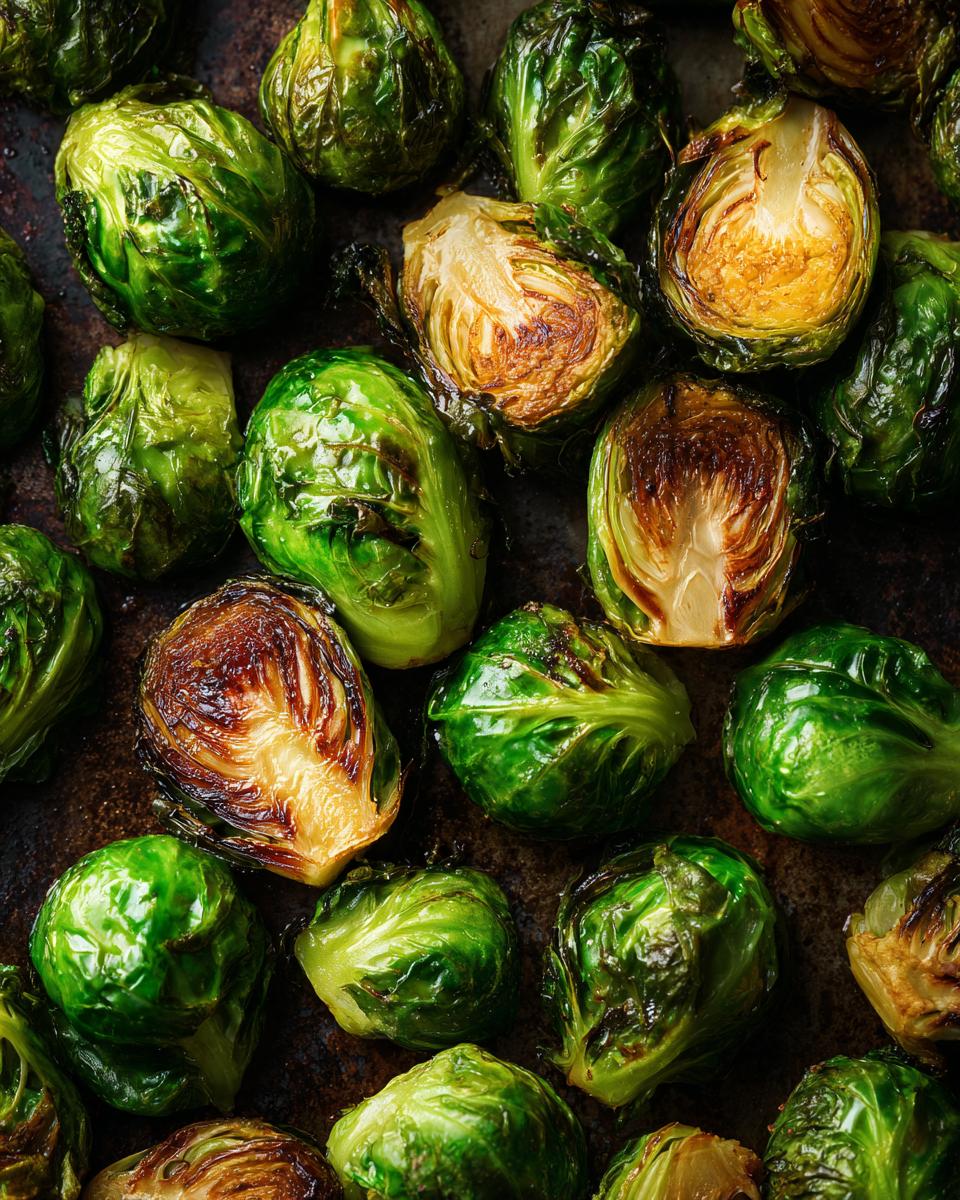 Close-up overhead view of perfectly roasted Brussels sprouts, some whole and some halved, showing caramelized edges.