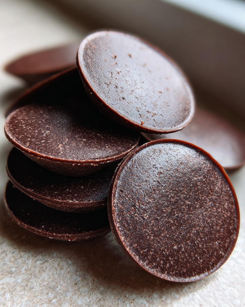 A close-up stack of dark, round chocolate gelt coins resting on a light surface.