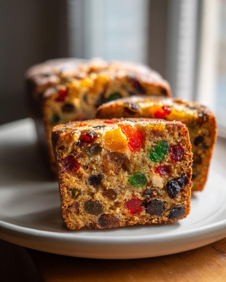 Close-up of a slice of delicious fruitcake, packed with colorful candied fruits and raisins.