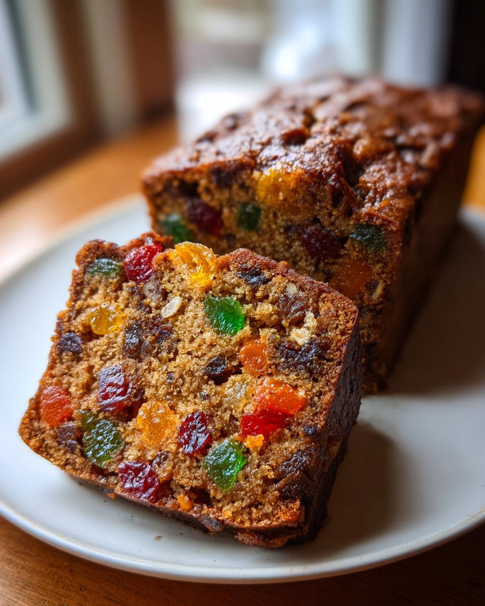Close-up of a slice of delicious fruitcake, packed with colorful candied fruits and nuts.