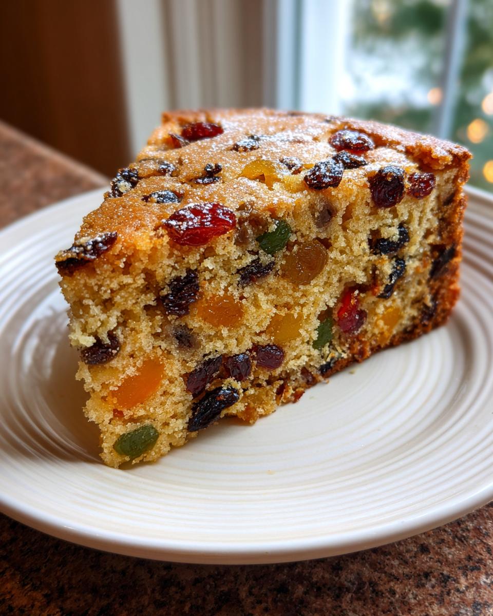 A slice of moist and dense fruitcake, packed with colorful candied fruits and raisins, dusted with powdered sugar.