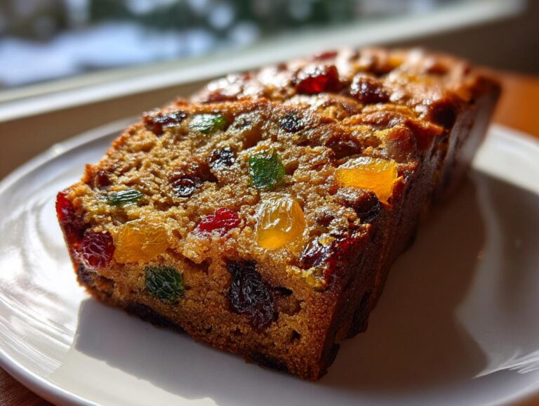 A close-up of a slice of delicious fruitcake, packed with colorful candied fruits and nuts, on a white plate.