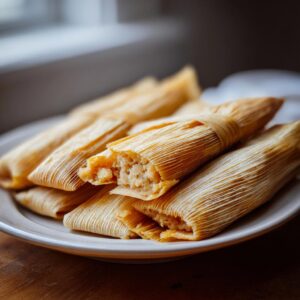 A close-up shot of several delicious tamales, some with a bite taken out, revealing the savory filling inside.