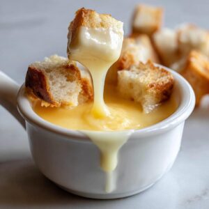 A piece of toasted bread is dipped into a white bowl of smooth, yellow cheese Fondue, showing a luscious cheese pull.