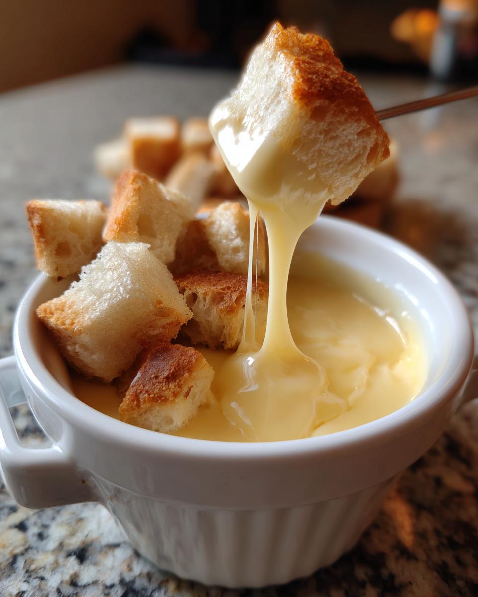 A piece of toasted bread is dipped into a small white bowl of creamy cheese fondue, showing a long, luscious cheese pull.