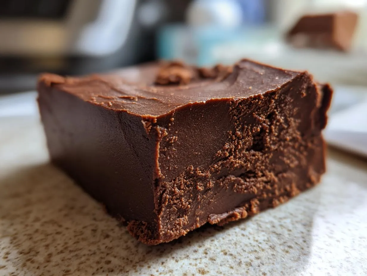 A close-up of a rich, dark chocolate fudge slice with a slightly crumbly texture, perfect for an easy fudge recipe.