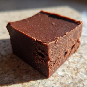 A close-up of a single square of rich, dark chocolate fudge.