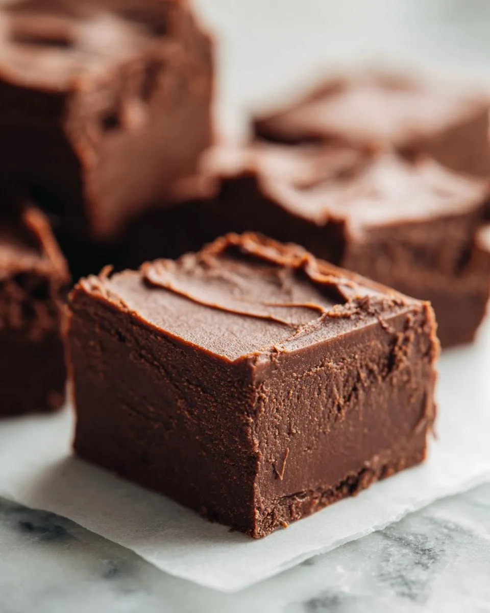 Close-up of a rich, dark chocolate fudge square on parchment paper, with more fudge in the background.