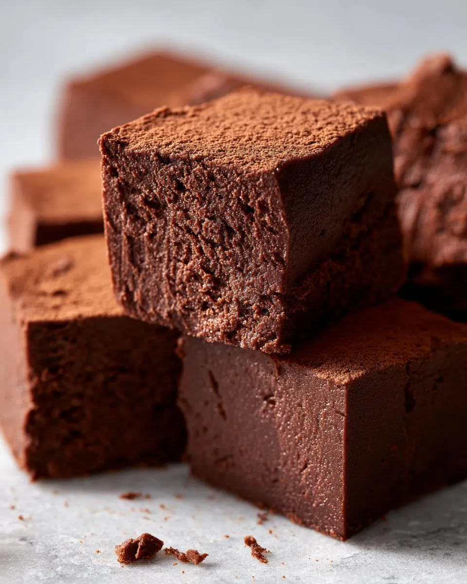 Close-up of rich, dark chocolate fudge squares dusted with cocoa powder.