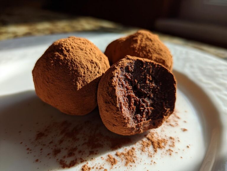 Close-up of three decadent chocolate truffles, dusted with cocoa powder, with one truffle cut open to reveal its rich interior.