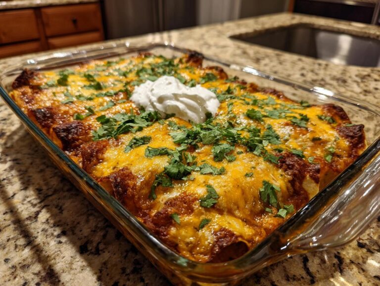 A close-up of freshly baked enchiladas in a glass baking dish, topped with melted cheese, sour cream, and cilantro.