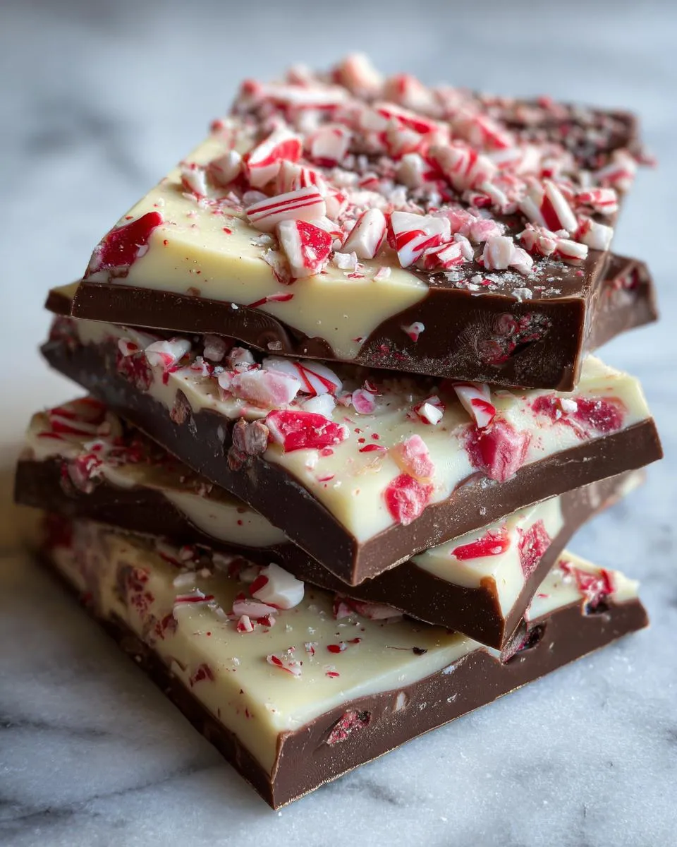 A stack of delicious peppermint bark slices, featuring layers of dark and white chocolate topped with crushed candy canes.