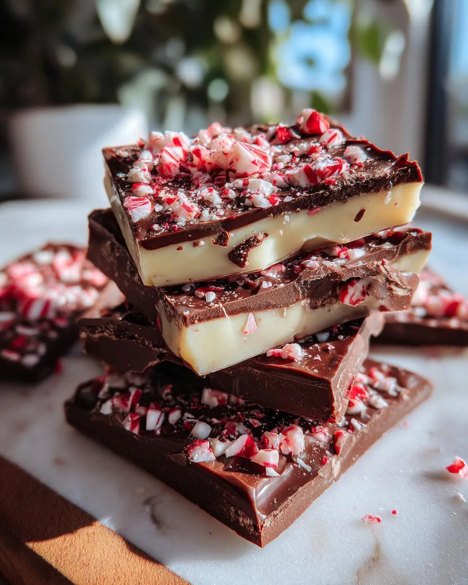 A stack of delicious peppermint bark pieces, topped with crushed candy canes.