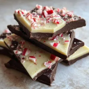 A close-up stack of dark and white chocolate peppermint bark pieces, topped with crushed candy canes.