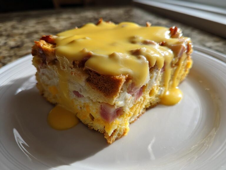 A square serving of Eggs Benedict casserole topped with rich, dripping hollandaise sauce on a white plate.