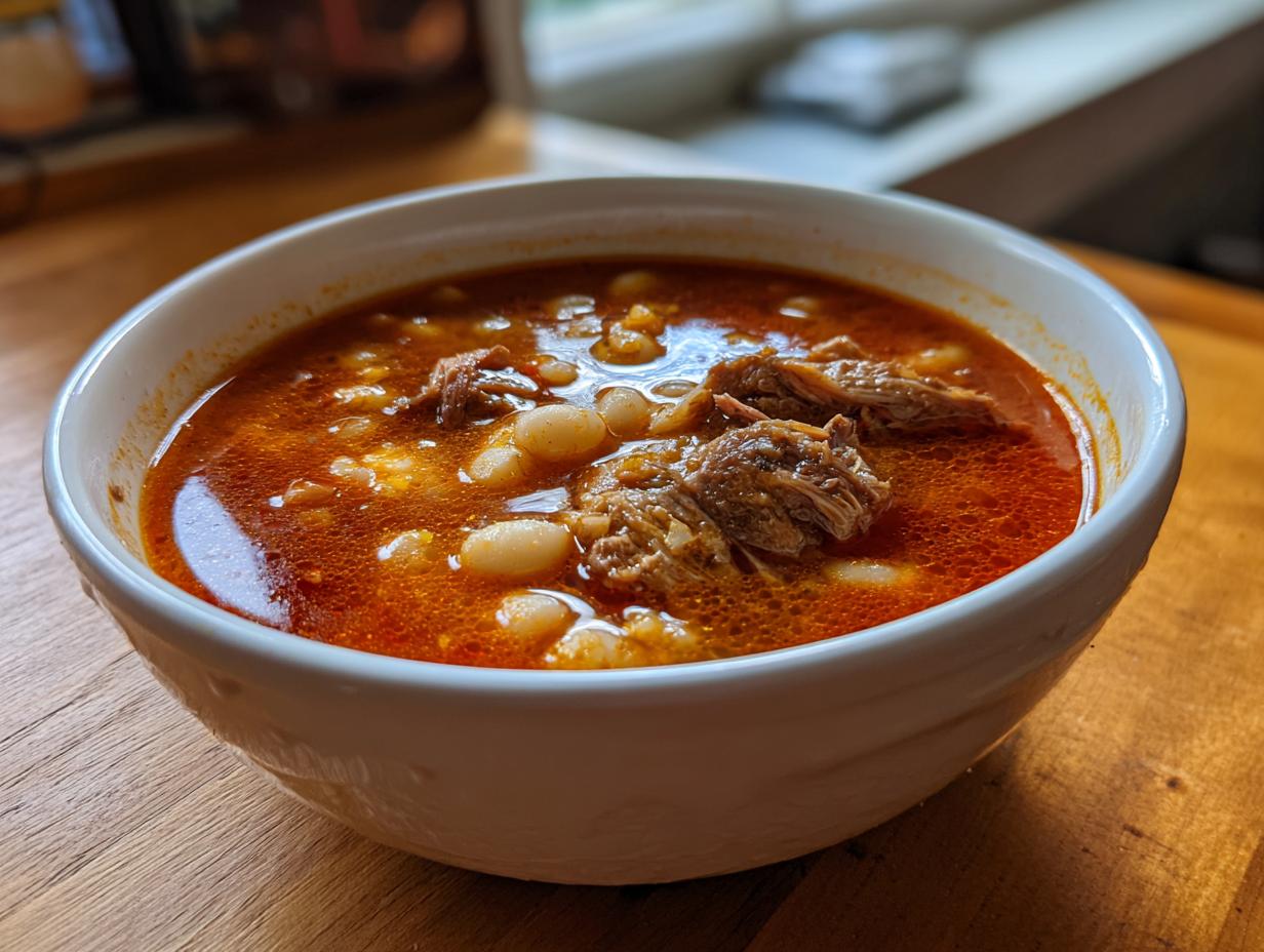 Close-up of a white bowl filled with rich, red broth, hominy, and shredded pork from Pozole rojo.
