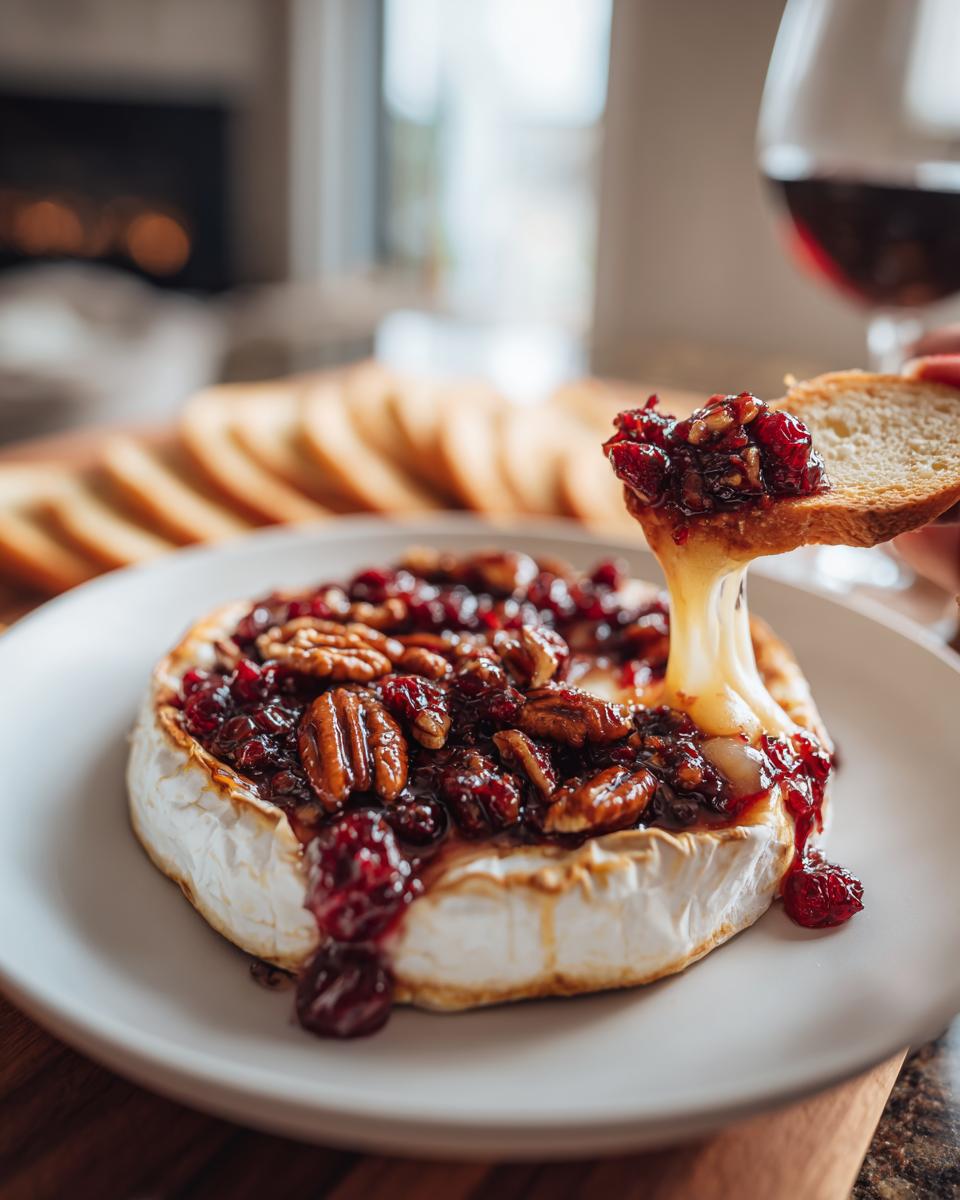 A slice of toasted bread dipping into gooey baked brie topped with cranberries and pecans.
