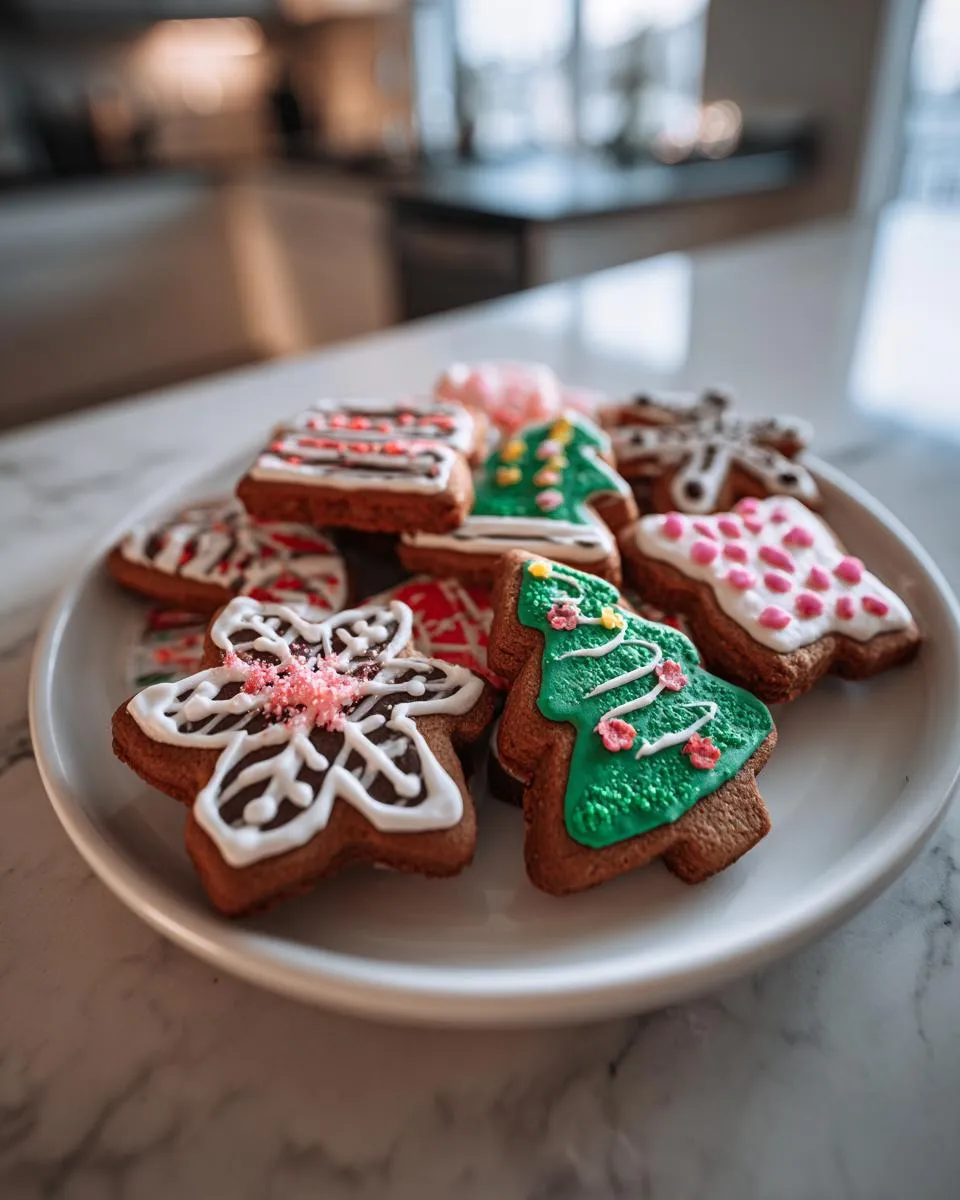 A plate of beautifully decorated gingerbread cookies in various festive shapes like trees and flowers.