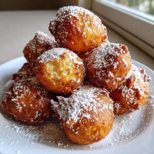 A mound of golden brown, freshly fried Oliebollen generously dusted with white powdered sugar on a white plate.