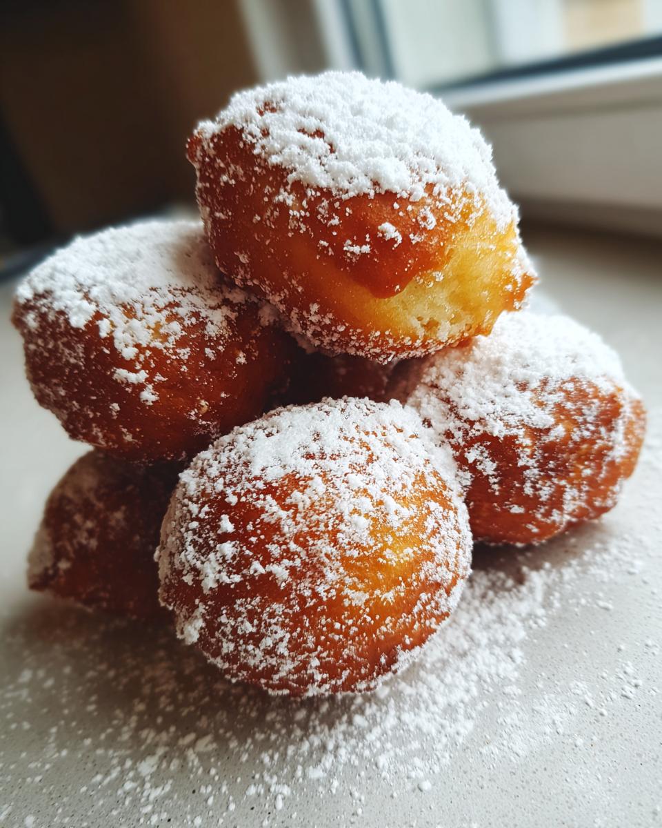 A stack of five golden brown Oliebollen generously dusted with white powdered sugar.